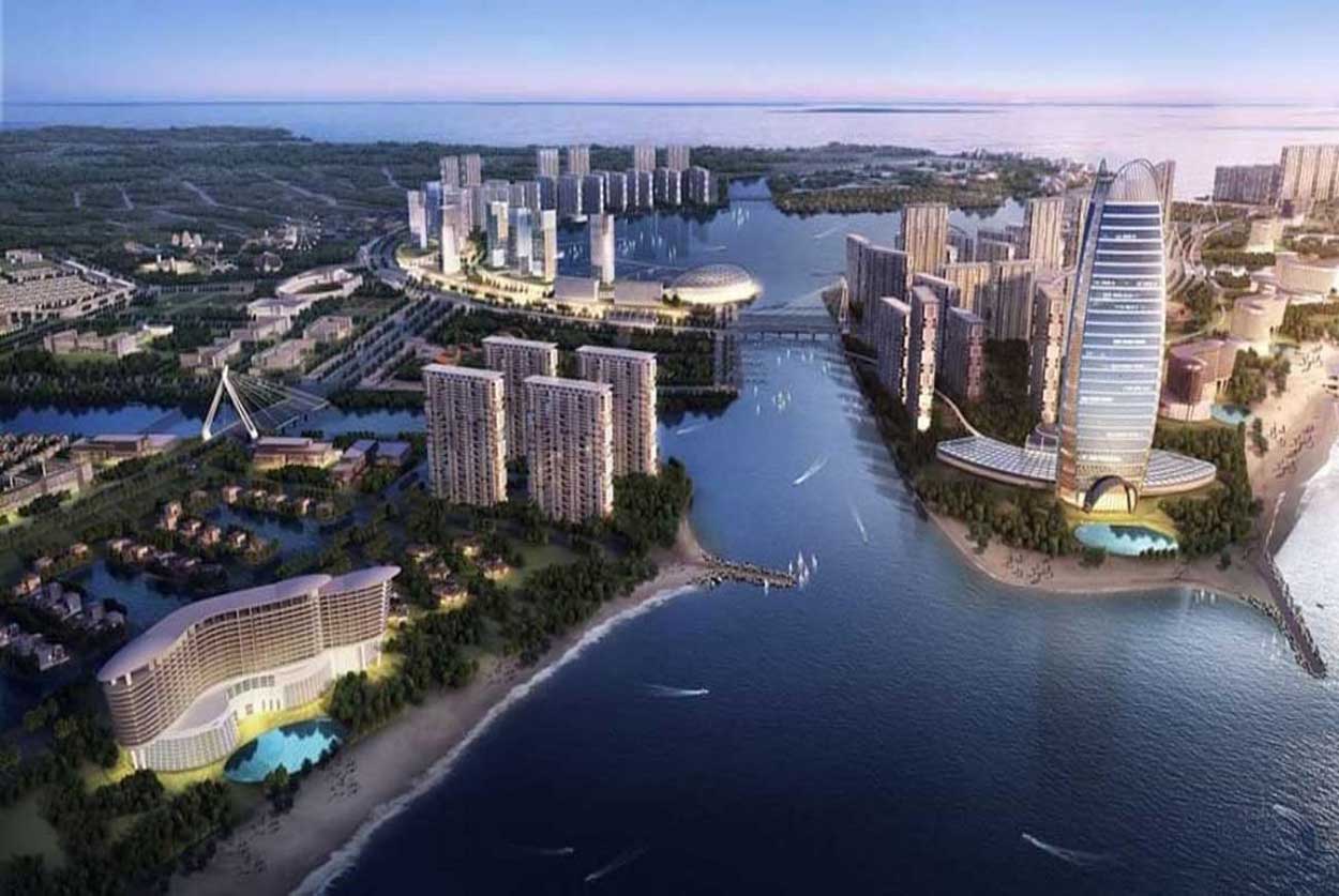 Phối cảnh khu trung tâm thương mại và tháp biểu tượng tại Vinhomes Green Paradise về đêm
